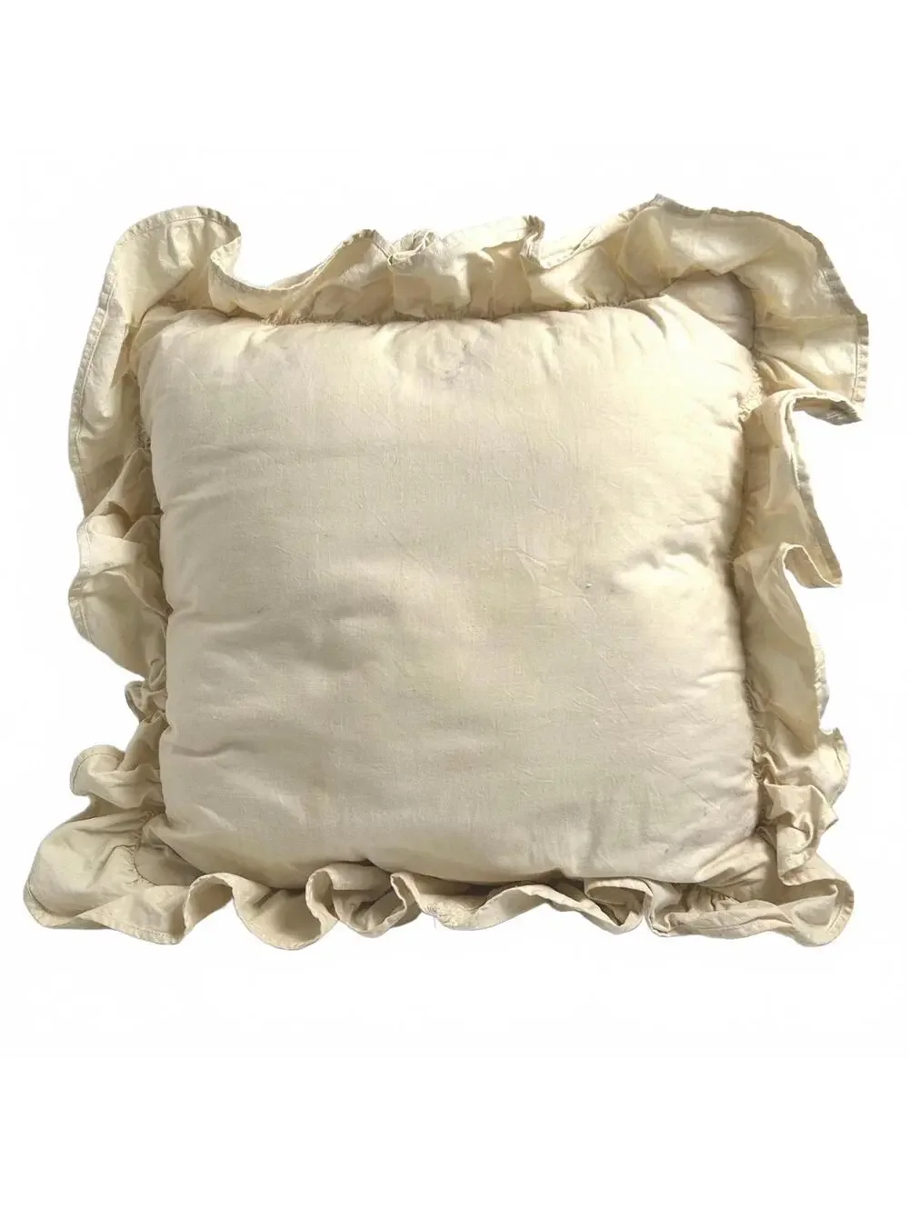 Handmade Cream Embroidered Floral Square Throw Pillow with Ruffled Edges